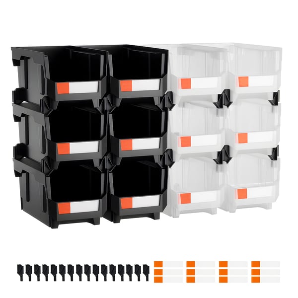 Opbevaringskasser, Stabelbare plastbeholdere 37,7x21,5x18 cm, Sort Transparent, Opbevaring