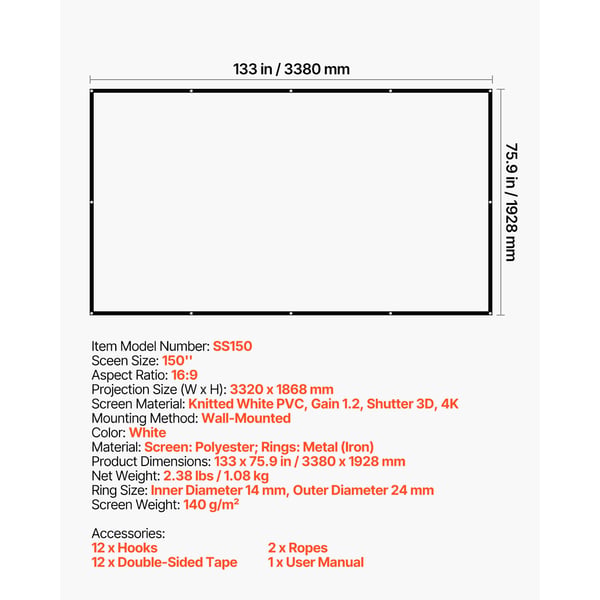 Projektorlærred 338x192,8 cm hvid, polyester