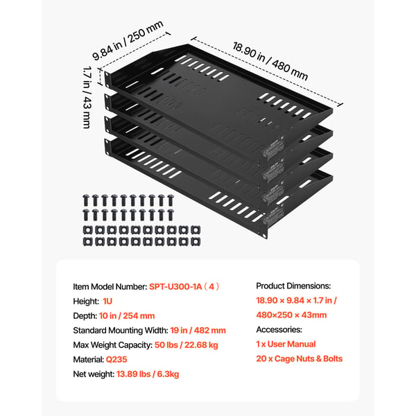 Server rack hylde, 4-pak, 254 mm dybde, sort, stål