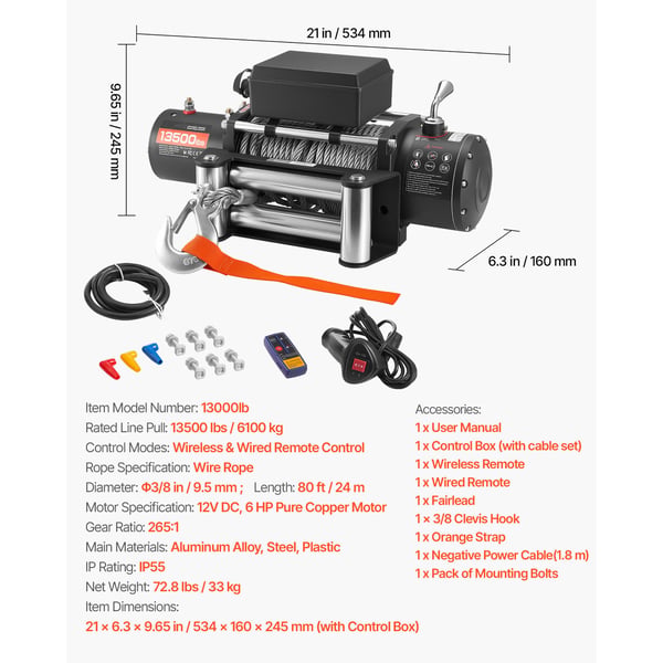 Elektrisk spil, 6100 kg bæreevne, 534x160x215 mm, ståltov