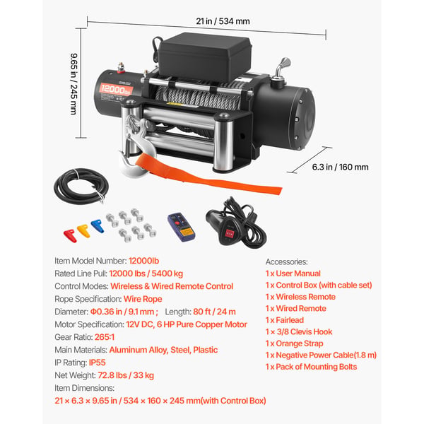 Elektrisk vinsch, 5400 kg lastkapacitet, 534x160x215 mm, stålvajer