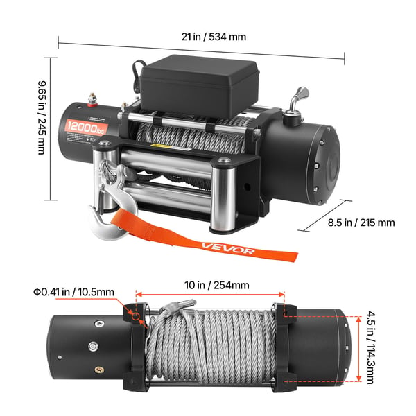 Elektrisk vinsch, 5400 kg lastkapacitet, 534x160x215 mm, stålvajer