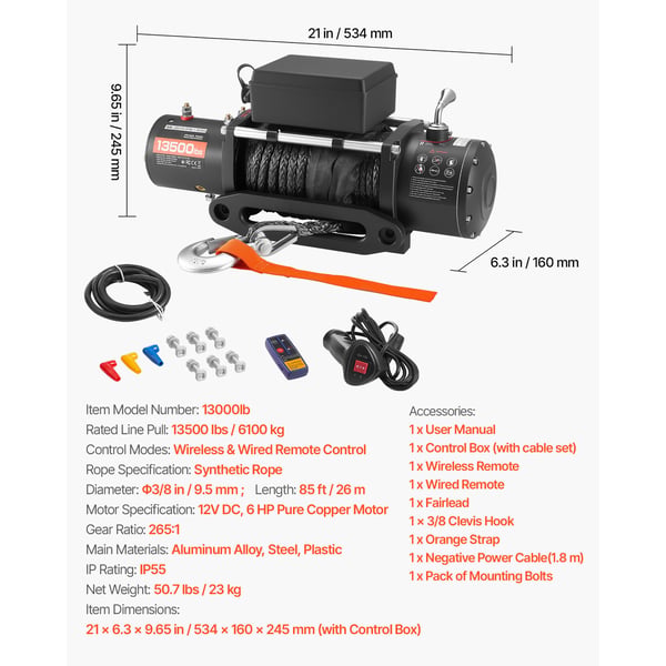 Elektrisk spil, 6100 kg bæreevne, 534x160x215 mm, sort, syntetisk reb