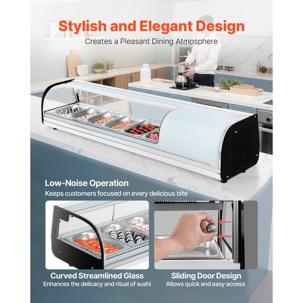 Sushi udstillingskøleskab, 151x42.5x29 cm, 62L, buet glas