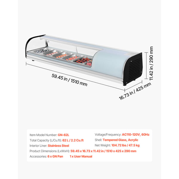 Sushi udstillingskøleskab, 151x42.5x29 cm, 62L, buet glas