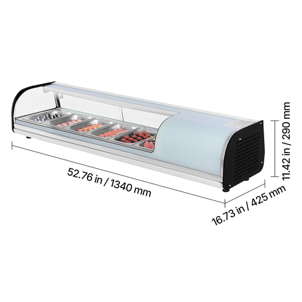 Sushi udstillingskøleskab, 151x42.5x29 cm, 62L, buet glas