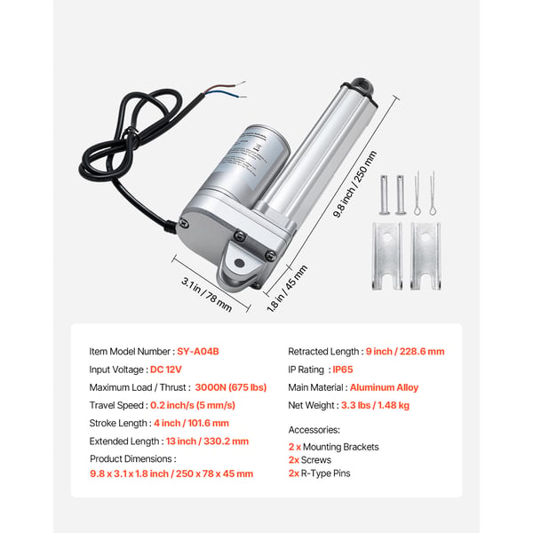 Lineær aktuator, 101,6 mm slag 3000N 5 mm/s IP65, 250x78x45 mm, aluminium