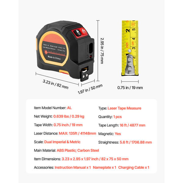 Laser afstandsmåler, 2-i-1 genopladelig 41m & 4,8m magnetisk, 82x75x50 mm, måleværktøj