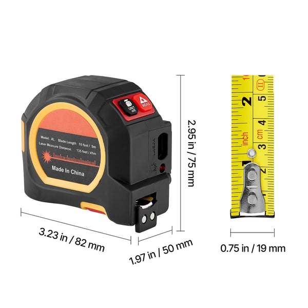 Laser afstandsmåler, 2-i-1 genopladelig 41m & 4,8m magnetisk, 82x75x50 mm, måleværktøj