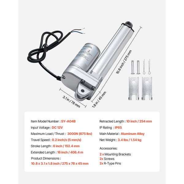 Linjär ställdon, 152,4 mm slaglängd 3000N 5 mm/s, 275x78x45 mm, aluminium