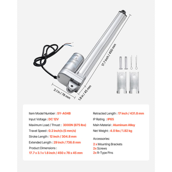 Linjär ställdon, 304.8 mm slaglängd 3000N 5 mm/s IP65, 450x78x45 mm, Aluminium