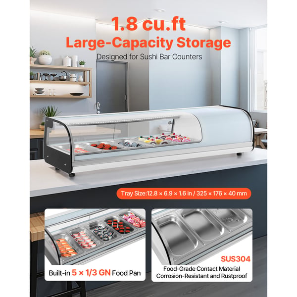 Sushi udstillingskøleskab, 134x42.5x29 cm, buet glas