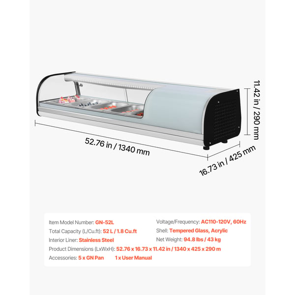 Sushi udstillingskøleskab, 134x42.5x29 cm, buet glas