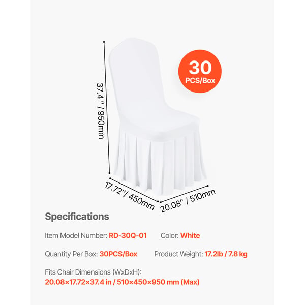 Tuolinpäälliset, 30 kpl, 51x45x95 cm, valkoinen, polyesteri spandex