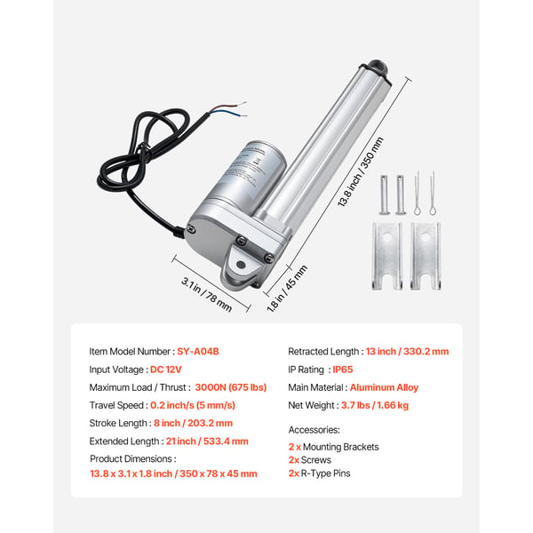 Lineær aktuator, 203,2 mm slag, IP65 vandtæt, 350x78x45 mm, aluminium