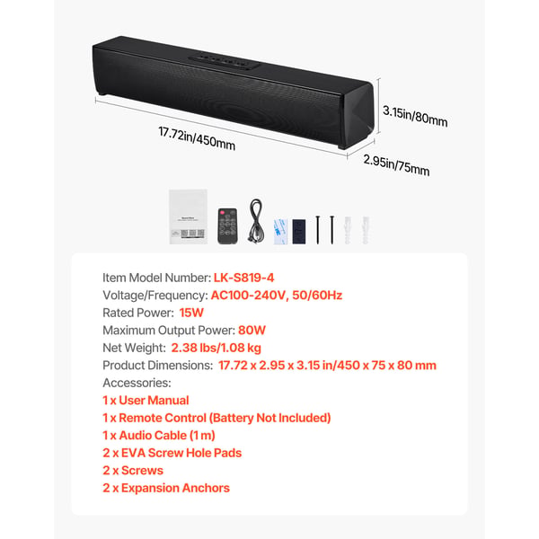 Soundbar, 450x75x80 mm, Svart, Bluetooth-ljudhögtalare