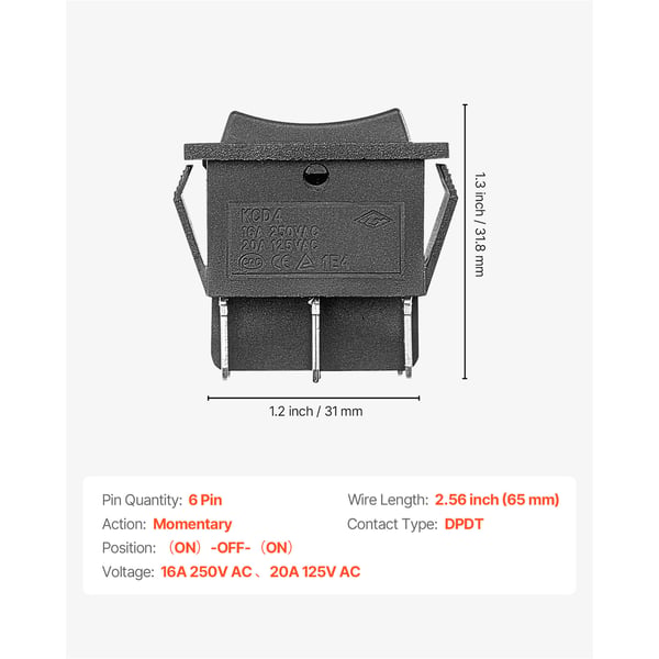Vippeafbryder, 6-benet Momentan DPDT 3-position Polaritetsskifter, 31x25,2x31,8 mm