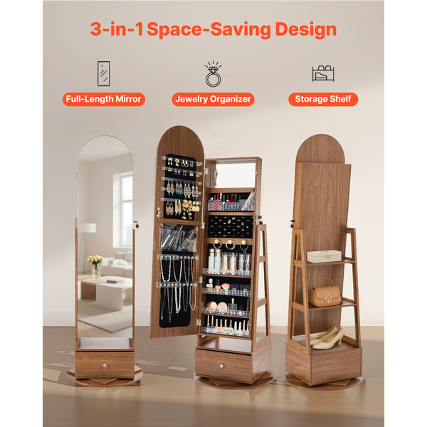 Smyckesskåp, 360° roterande helkroppsspegelorganisatör, 55x55x165,5 cm, låsbart, förvaring