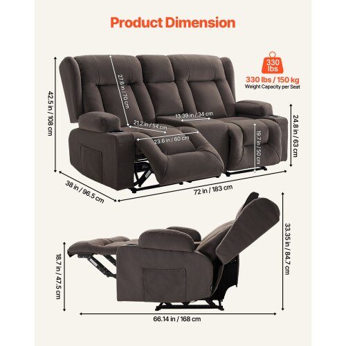 Loveseat-lepotuolisohva, 96.5x168x84.7 cm, mokkanahka, lämmitys ja hieronta