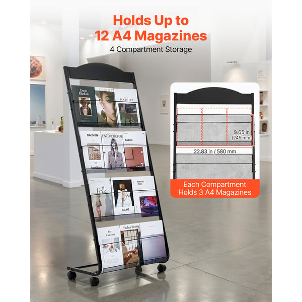 Brochure Display Rack, 64,5x36x146,5 cm, Sort, Metal