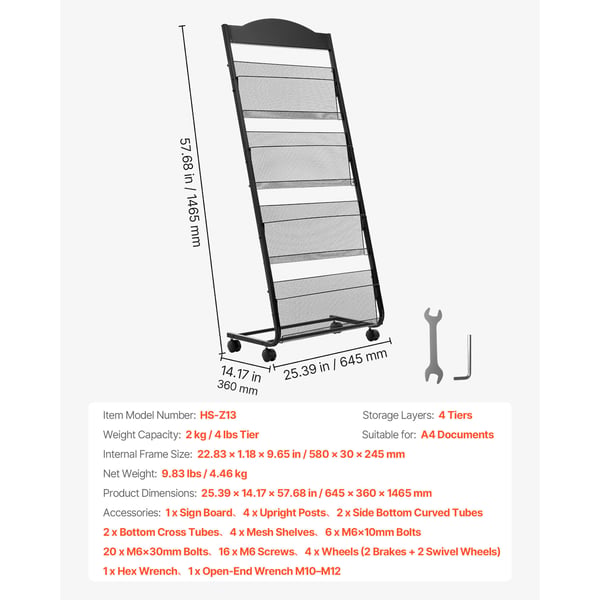 Brochure Display Rack, 64,5x36x146,5 cm, Sort, Metal