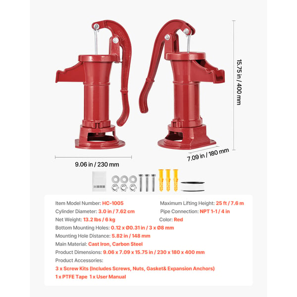 Handpump för vatten, 23x18x40 cm, Röd, Gjutjärn