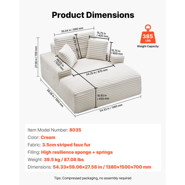 Chaiselong, 138x150x70 cm, Beige, Polstret