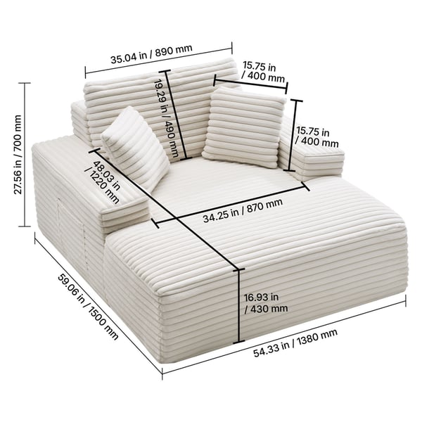 Chaiselong, 138x150x70 cm, Beige, Polstret