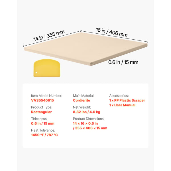 Pizzasten, 406x355x15 mm, Beige, Cordierit