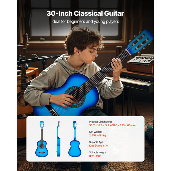 Klassisk guitar 78 cm blå, træ, startpakke