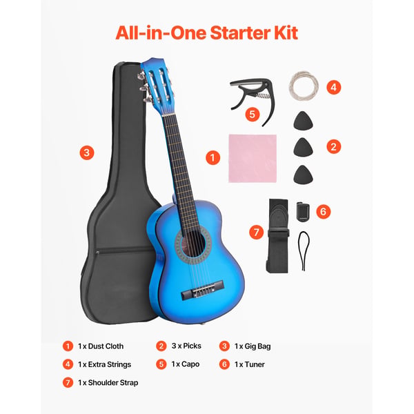Klassisk guitar 78 cm blå, træ, startpakke
