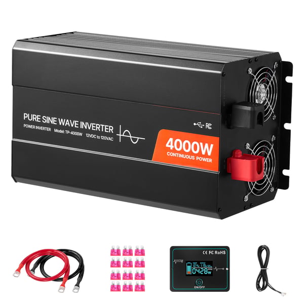Invertteri, 4000W puhdas siniaalto, 39x20.5x16.5 cm, LCD-näyttö
