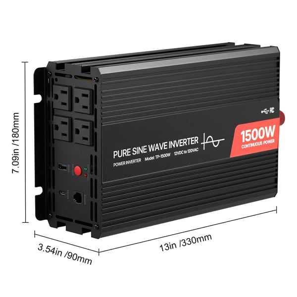 Virtamuunnin, 1500W puhdas siniaalto, 33x18x9 cm, alumiini