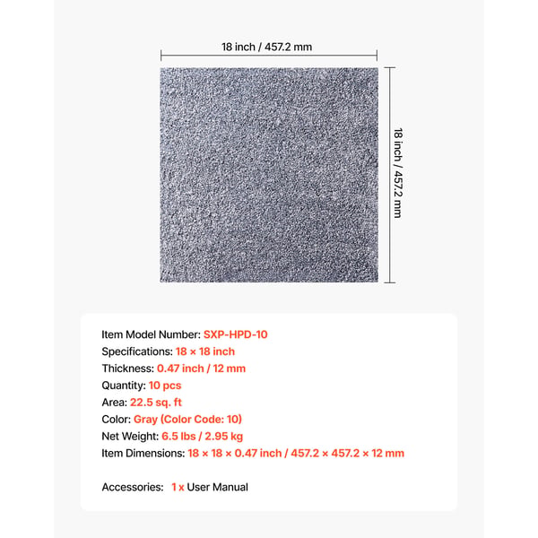 Tæppefliser, 457x457x12 mm, Grå, Selvklæbende Gulvbelægning