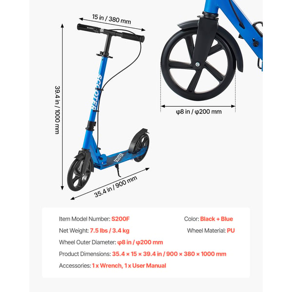 Sparkcykel, 90x38x100 cm, Svart+Blå, Justerbart Styre