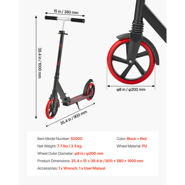Sparkcykel, 90x38x100 cm, Svart+Röd, Justerbar Höjd