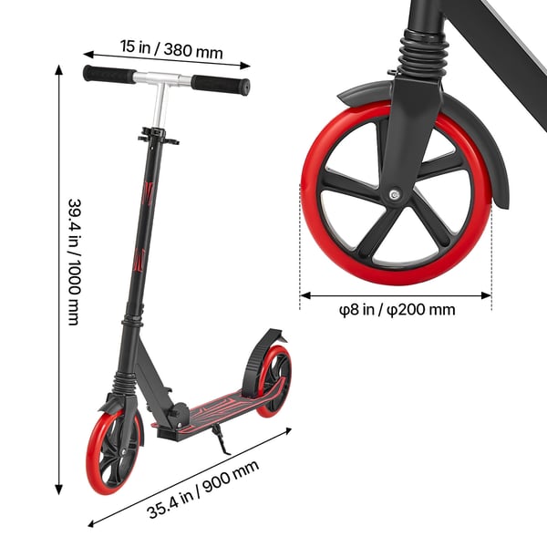 Sparkcykel, 90x38x100 cm, Svart+Röd, Justerbar Höjd