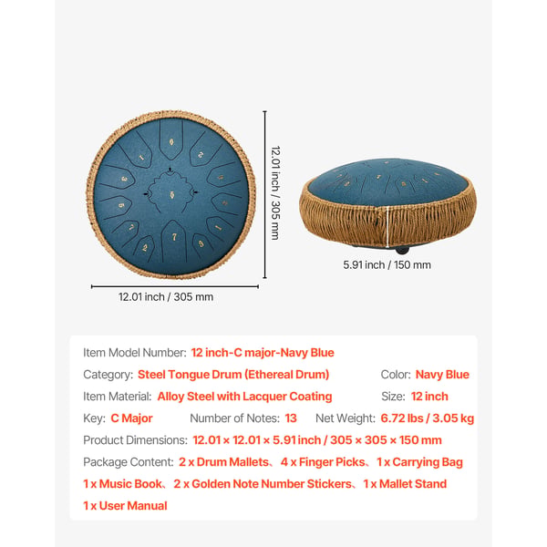 Steel Tongue Drum, 30,5x30,5x15 cm, Marinblå, Stål