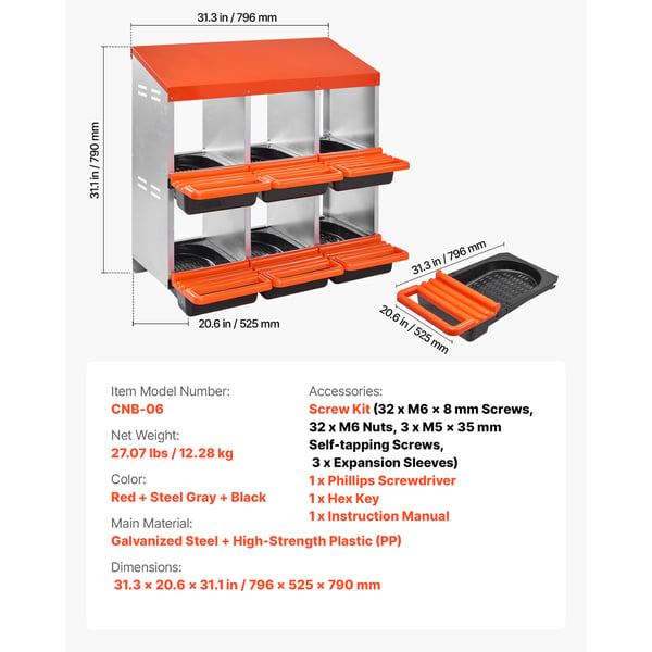 Hönsrede, 6 fack, 79,6x52,5x79 cm, Orange, Metall