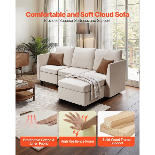 Sektionssoffa, Modulär 3-sits soffa med förvaring, 199x69x68 cm, Beige