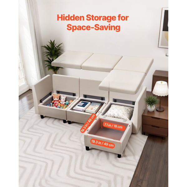 Sektionssoffa, Modulär 3-sits soffa med förvaring, 199x69x68 cm, Beige