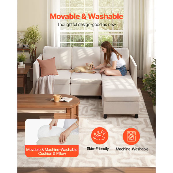 Sektionssoffa, Modulär 3-sits soffa med förvaring, 199x69x68 cm, Beige