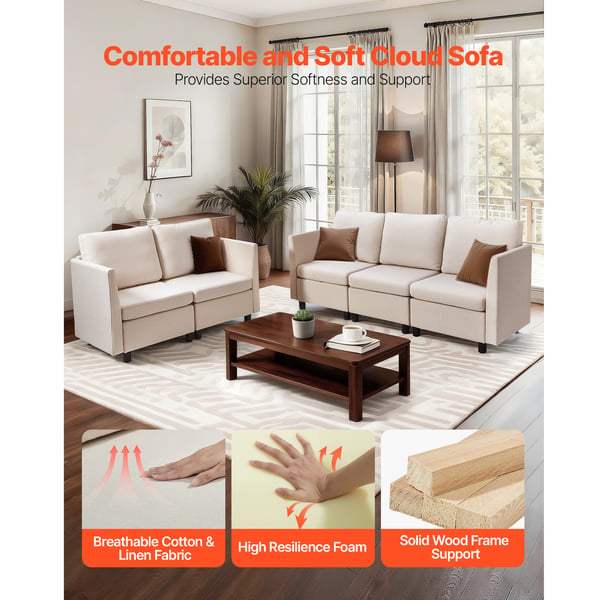 Sektionssofa, Modulopbygget 5-personers med skjult opbevaring, 199x69x68 cm, Beige