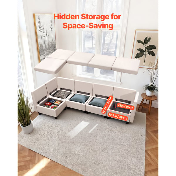 Sektionssofa, Modulopbygget 5-personers med skjult opbevaring, 199x69x68 cm, Beige