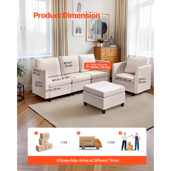 Sektionssofa, Modulopbygget 5-personers med skjult opbevaring, 199x69x68 cm, Beige