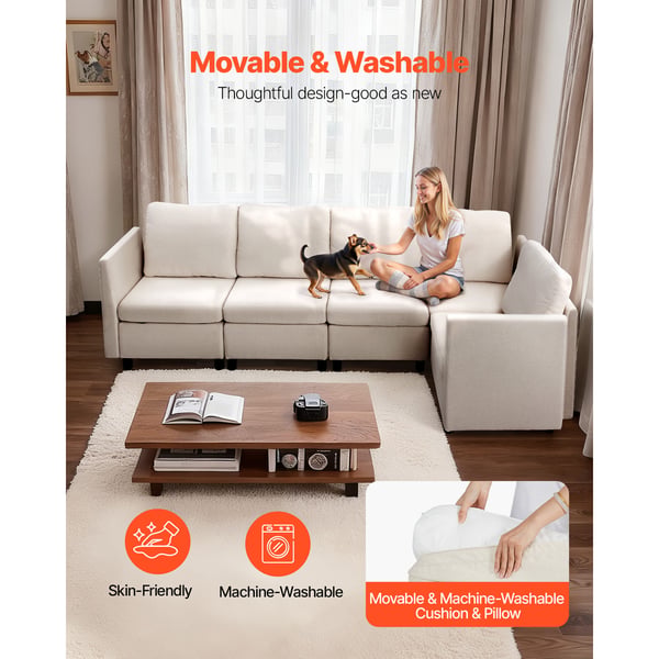 Sektionssofa, Modulopbygget 5-personers med skjult opbevaring, 199x69x68 cm, Beige