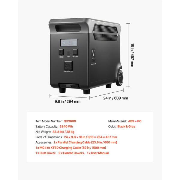 Ekspansionsbatteri, 3840Wh LiFePO4, 60.9x29.4x45.7 cm, Sort, bærbar