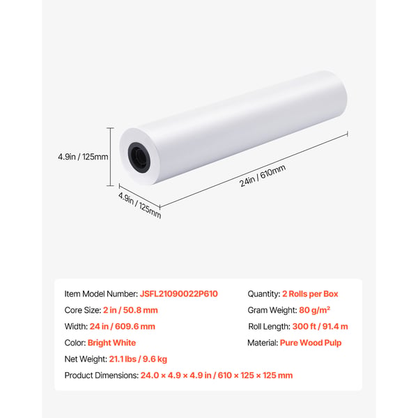 Bredformat papiruller, 609,6x9140 cm, Klarhvid, 80 g/m², Træmasse