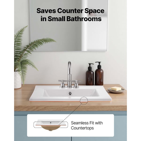 Badeværelsesvask, halvt nedfældet rektangulær keramik, 51x46.5x17 cm, hvid