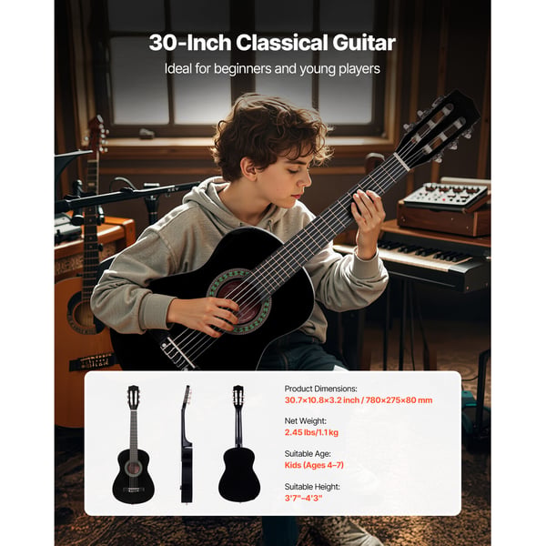 Klassisk guitar 78 cm sort, basswood, startpakke